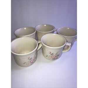 Set Of 5 Pfaltzgraff Tea Rose Ceramic Mugs 8 Oz Floral Design Ivory